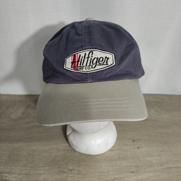 Tommy Hilfiger Surf Company Logo Leather‎ Strapback Hat Cap Beige Blue VTG 99 - Picture 1 of 8
